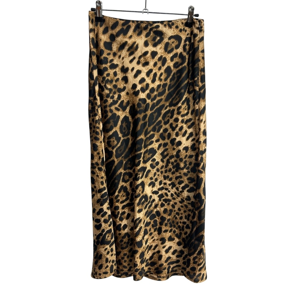 Y2K Leopard Print Satin Slip Midi Skirt Small Indie Sleaze Mob Wife Animal Print